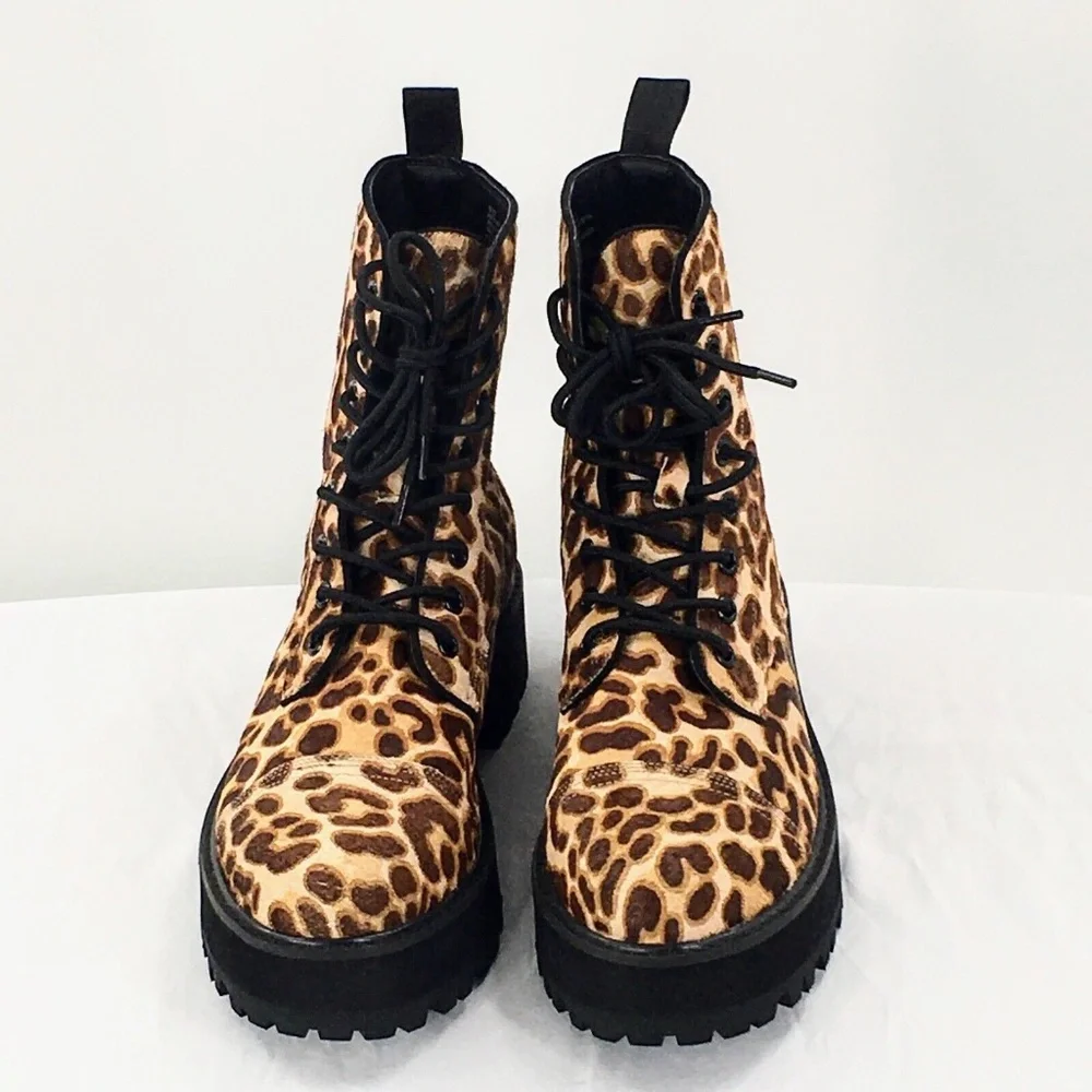 Farylrobin Womens Combat Boot Brown Calf Hair Leopard Print Platform Boot Sz 10 - Picture 4 of 11